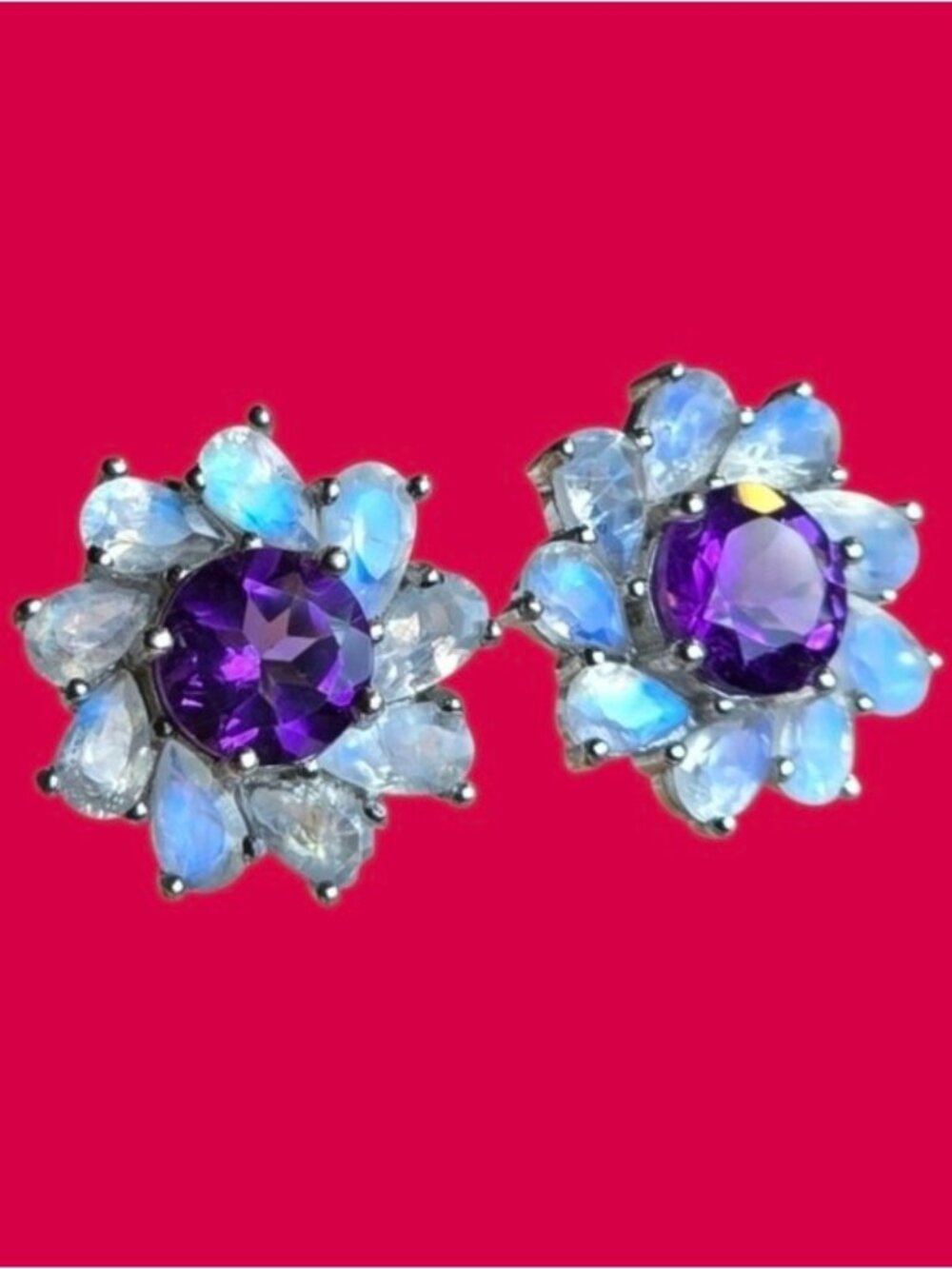 925 Sterling Silver Flower Earrings 1.5cm With Natural Amethyst 7mm & Moonstone